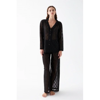 MARSiLYAN- Kadın Siyah Şeffaf Jakar Düğmeli Pijama Takımı