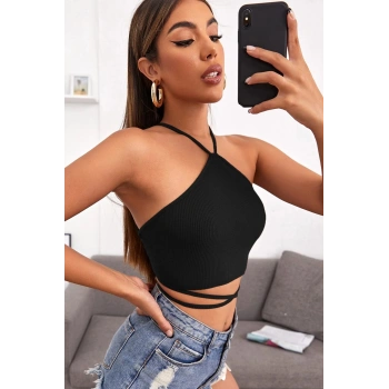 MARSiLYAN- Kadın Siyah Sırtı Açık Boyundan Çapraz Bağlamalı Crop Top Bluz