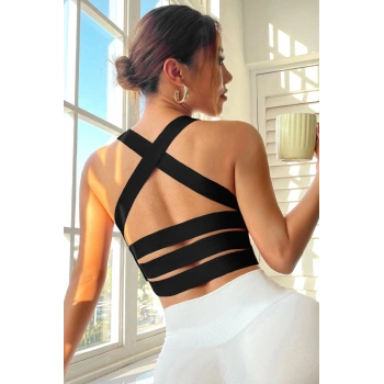 MARSiLYAN- Kadın Siyah Sırtı Çapraz Lastik Detaylı Crop Top Bluz