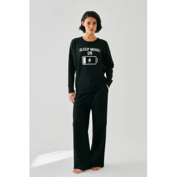 MARSiLYAN- Kadın Siyah Sleep Mode ON Oversize 2 İplik Eşofman Ev Giyim Takımı