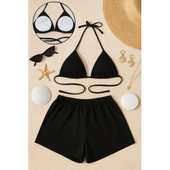 MARSiLYAN- Kadın Siyah Şortlu Belden ve Boyundan Bağlamalı Bikini Takımı