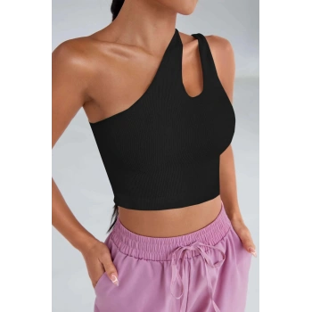 MARSiLYAN- Kadın Siyah Tek Omuz Cut Out Detaylı Crop Top Bluz