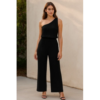 MARSiLYAN- Kadın Siyah Tek Omuzlu Şık Bluz & Geniş Paça Pantolon İkili Takım