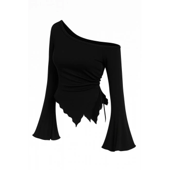 MARSiLYAN- Kadın Siyah Uzun İspanyol Kollu Asimetirik Yaka Yandan Bağlamalı Drapeli Bluz