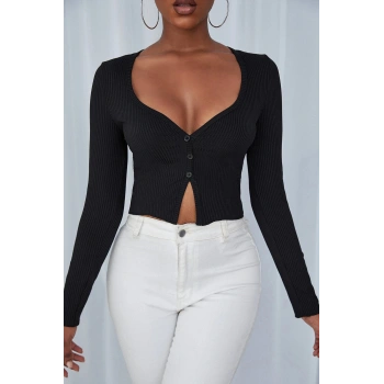 MARSiLYAN- Kadın Siyah Uzun Kollu Düğmeli Göğüs ve Göbek Dekolteli Crop Top Bluz