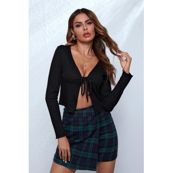 MARSiLYAN- Kadın Siyah Uzun Kollu Önden Bağlama Detaylı Crop Top Bluz