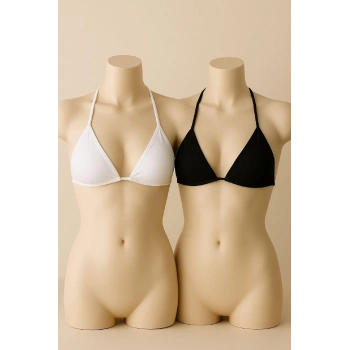 MARSiLYAN- Kadın Siyah ve Beyaz Minimal Kesim Üçgen Bikini Üstü