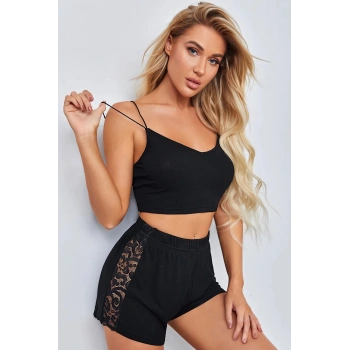 MARSiLYAN- Kadın Siyah Yanları ve Sırtı Dantel Detaylı Çift Sıra İnce Lastikli Şortlu Gecelik Takım