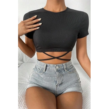 MARSiLYAN- Kadın Siyah Yarım Kol Çapraz Bağlamalı Crop Top Bluz