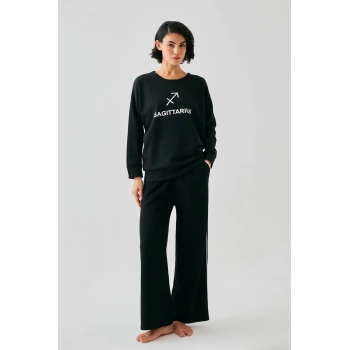 MARSiLYAN- Kadın Siyah Yay Burcu Oversize 2 İplik Eşofman Ev Giyim Takımı