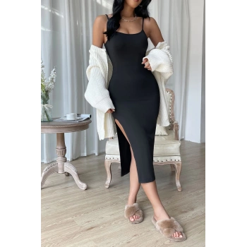 MARSiLYAN- Kadın Siyah Yırtmaçlı Diz Altı Vücüdu Saran Gecelik