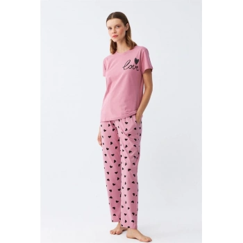 MARSiLYAN- Kadın Somon Kalp Desenli Kısa Kollu Penye Pijama Takımı