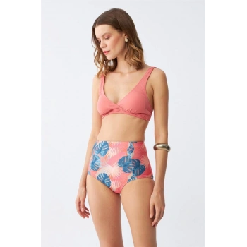 MARSiLYAN- Kadın Somon Pedli Üst ve Tropik Desenli Yüksek Bel Bikini Takımı