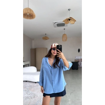 MARSiLYAN- Kadın Tek Cepli Over Size Ketem Gömlek