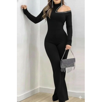 MARSiLYAN- Kadın Tek Omuzdan Açık Balıkçı Yaka Taş Detaylı Uzun Ithal Krep Tulum