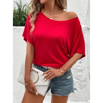 MARSiLYAN- Kadın Tek Omuzu Açık Kısa Kollu Salaş Viskon Bluz