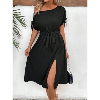 MARSiLYAN- Kadın Tek Omuzu Açık Kol Ucu Fiyonklu Belden Kuşaklı Yırtmaç Detaylı Viskon Elbise