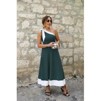 MARSiLYAN- Kadın Tek Omuzu Açık Omuzlardan Kurdela Detaylı çift Renkli Ithal Krep Elbise