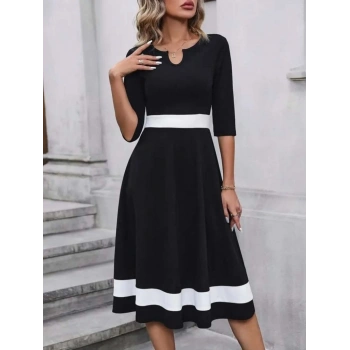 MARSiLYAN- Kadın Truvakar Kol V Yakalı Janjan Krep Midi Elbise