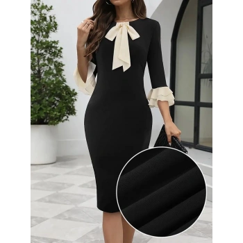 MARSiLYAN- Kadın Truvakar Kollu Fiyonk Yakalı Midi Ithal Krep Elbise