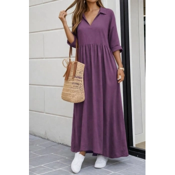 MARSiLYAN- Kadın Truvakar Kollu V Yakalı Yırtmaçlı Uzun Aerobin Elbise