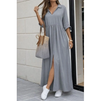 MARSiLYAN- Kadın Truvakar Kollu V Yakalı Yırtmaçlı Uzun Aerobin Elbise