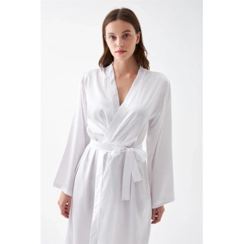 MARSiLYAN- Kadın Uzun Beyaz Saten Sabahlık