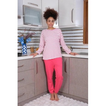 MARSiLYAN- Kadın Uzun Kol 3 İplik Penye Pijama Takım Beyaz