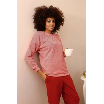 MARSiLYAN- Kadın Uzun Kol 3 İplik Penye Pijama Takım Kırmızı