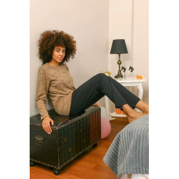 MARSiLYAN- Kadın Uzun Kol Penye Pijama Takım Sütlü Kahve