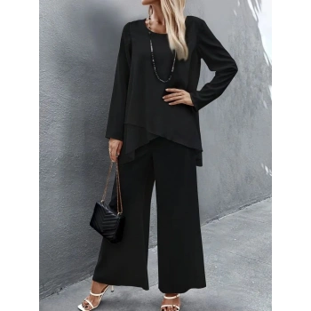 MARSiLYAN- Kadın Uzun Kollu Asimetrik Detaylı Salaş Sandy Bluz Ve Pantolon Ikili Takım