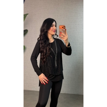 MARSiLYAN- Kadın Uzun Kollu Asimetrik Kesim Bluz Ve Dantel Güpür Transparan Detay Fermuarlı Yelek Ikili Takım