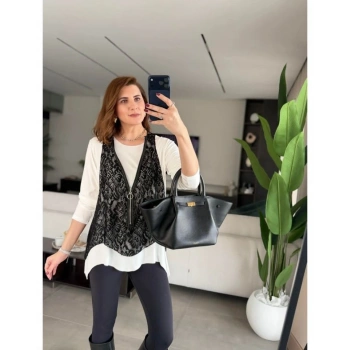 MARSiLYAN- Kadın Uzun Kollu Asimetrik Kesim Bluz Ve Dantel Güpür Transparan Detay Fermuarlı Yelek Ikili Takım