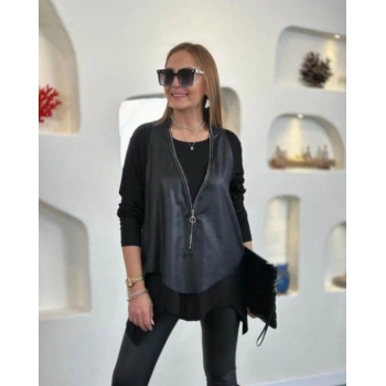 MARSiLYAN- Kadın Uzun Kollu Asimetrik Kesim Viskon Bluz Ve çatlak Deri Görünümlü Yelek Ikili Takım