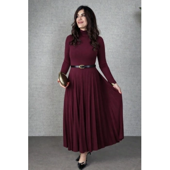 MARSiLYAN- Kadın Uzun Kollu Balıkçı Yaka Kemersiz Pileli Uzun Sandy Elbise