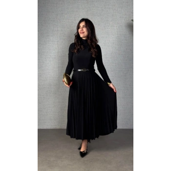 MARSiLYAN- Kadın Uzun Kollu Balıkçı Yaka Kemersiz Pileli Uzun Sandy Elbise