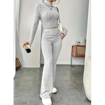 MARSiLYAN- Kadın Uzun Kollu Balıkçı Yaka Krop Ve Pantolon şardonlu Kaşkorse Ikili Takım