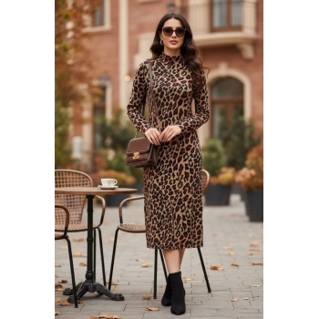 MARSiLYAN- Kadın Uzun Kollu Balıkçı Yaka Leopar Desenli Midi Boy Elbise
