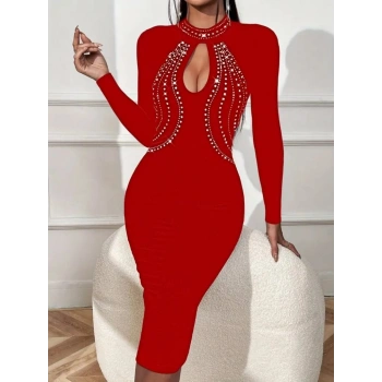 MARSiLYAN- Kadın Uzun Kollu Balıkçı Yaka Taşlı Damla Detay Midi Ithal Krep Elbise