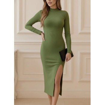 MARSiLYAN- Kadın Uzun Kollu Balıkçı Yakalı Yanlardan Yırtmaçlı Kaşkorse Maxi Elbise