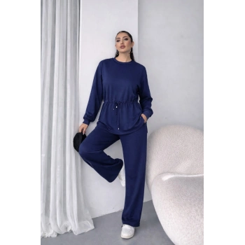 MARSiLYAN- Kadın Uzun Kollu Bisiklet Yaka Belden Büzgülü Bağcıklı Viskon Iki Iplik Bluz Ve Pantolon Ikili Takım