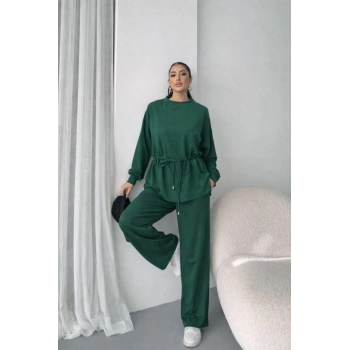 MARSiLYAN- Kadın Uzun Kollu Bisiklet Yaka Belden Büzgülü Bağcıklı Viskon Iki Iplik Bluz Ve Pantolon Ikili Takım