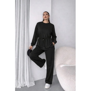 MARSiLYAN- Kadın Uzun Kollu Bisiklet Yaka Belden Büzgülü Bağcıklı Viskon Iki Iplik Bluz Ve Pantolon Ikili Takım