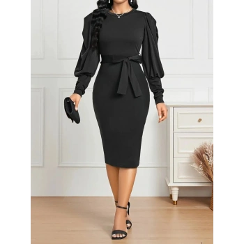 MARSiLYAN- Kadın Uzun Kollu Bisiklet Yaka Beli Kuşaklı Ithal Krep Midi Elbise