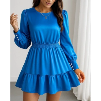 MARSiLYAN- Kadın Uzun Kollu Bisiklet Yaka Beli Lastikli Fırfırlı Ithal Krep Elbise