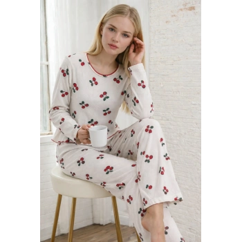 MARSiLYAN- Kadın Uzun Kollu Bisiklet Yaka Desenli Burgu Bluz Ve Pijama Ikili Takım