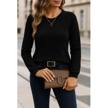 MARSiLYAN- Kadın Uzun Kollu Bisiklet Yaka Geometrik Desenli Triko Bluz