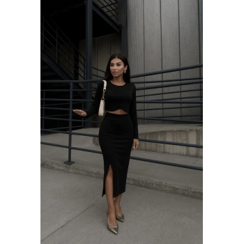 MARSiLYAN- Kadın Uzun Kollu Bisiklet Yaka Kısa Krop Dalgıç Bluz Ile önden Yırtmaçlı Uzun Etek Ikili Takım