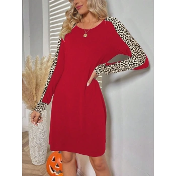 MARSiLYAN- Kadın Uzun Kollu Bisiklet Yaka Kollar Leopar Detay Iki Iplik Mini Boy Elbise