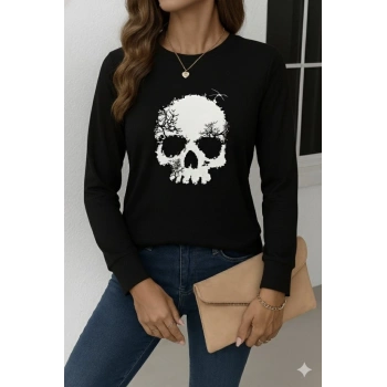 MARSiLYAN- Kadın Uzun Kollu Bisiklet Yaka Kurukafa Desenli Viskon Bluz